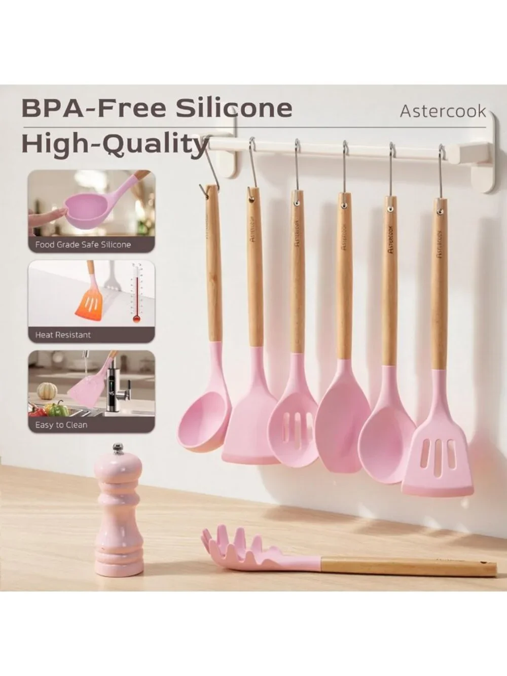 39 PCS Silicone Cooking Utensils Set with Wooden Handles, Heat Resistant & BPA